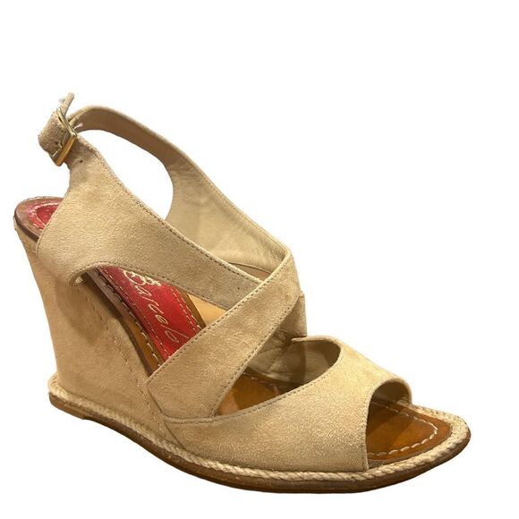 Revolve Paloma Barcelo Tan Suede Crisscross Wedge Round Toe Sandal - Picture 5 of 8